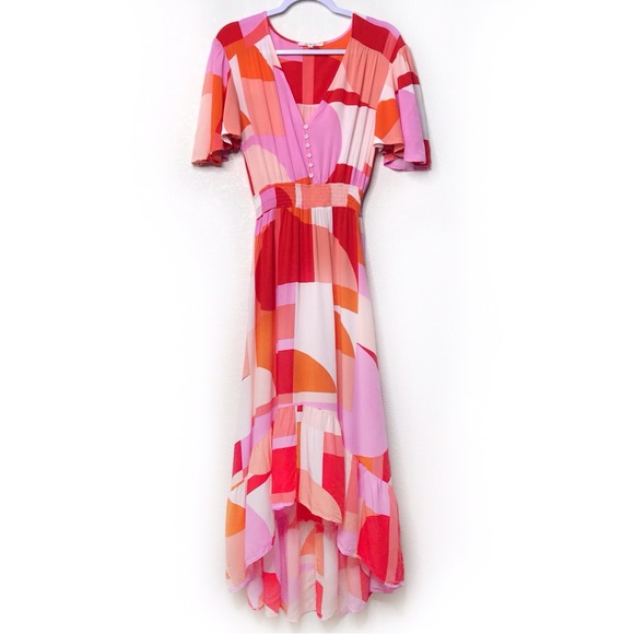 Anthropologie Dresses & Skirts - ABEL THE LABEL Ruffled Hem Flutter Sleeve Midi Dress Bright Abstract Geometric